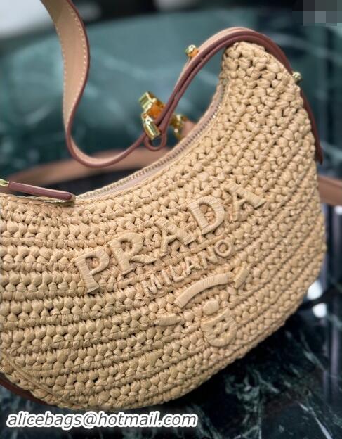 Good Looking Prada Arque crochet Raffia-effect hobo shoulder bag 1BC194 Beige 2024