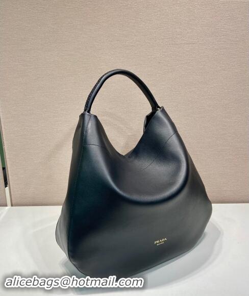 Popular Style Prada Large leather hobo shoulder bag 1BC219 Black 2024