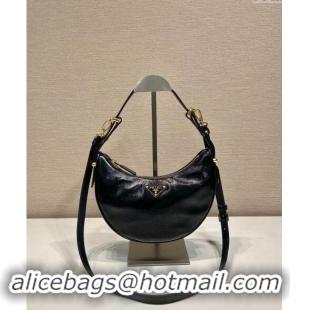 Buy Fashionable Prada Shiny Leather Shoulder Hobo Bag 1BC194 Black 2024