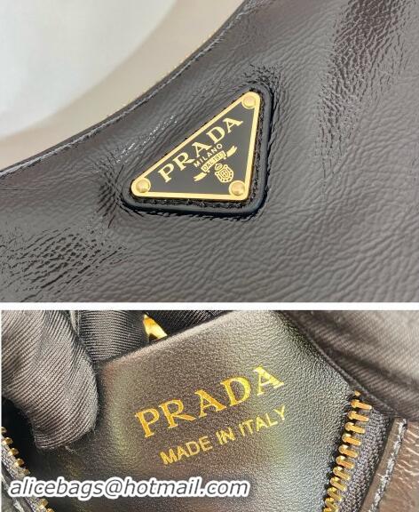 Buy Fashionable Prada Shiny Leather Shoulder Hobo Bag 1BC194 Black 2024