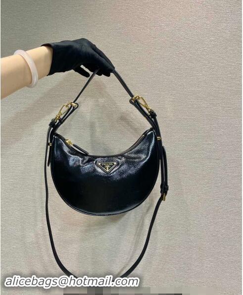 Buy Fashionable Prada Shiny Leather Shoulder Hobo Bag 1BC194 Black 2024