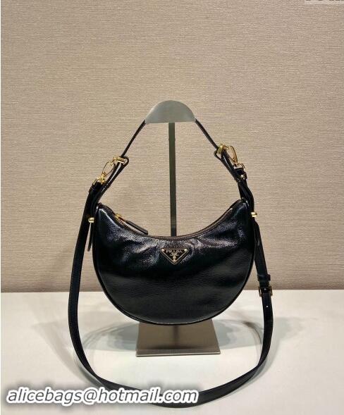 Buy Fashionable Prada Shiny Leather Shoulder Hobo Bag 1BC194 Black 2024