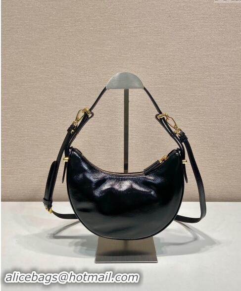 Buy Fashionable Prada Shiny Leather Shoulder Hobo Bag 1BC194 Black 2024