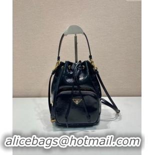 Well Crafted Prada Shiny Leather bucket bag 1BH038 Black 2024