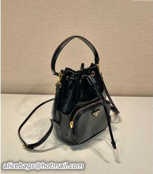 Well Crafted Prada Shiny Leather bucket bag 1BH038 Black 2024