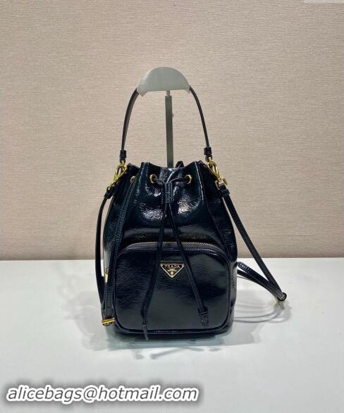 Well Crafted Prada Shiny Leather bucket bag 1BH038 Black 2024