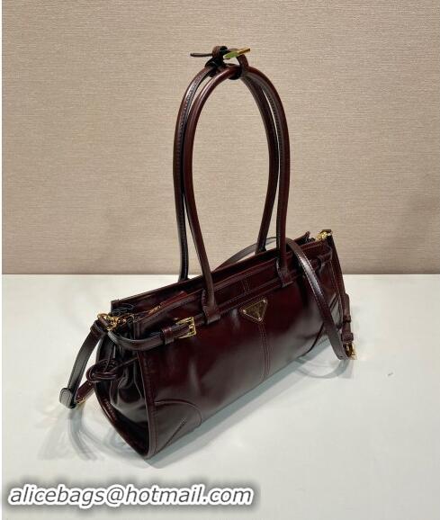 Good Quality Prada Medium shiny leather handbag 1BA426 Dark Brown 2024