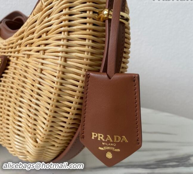 Low Cost Discount Prada Wicker and leather Prada Arque hobo bag 1BC202 Brown 2024