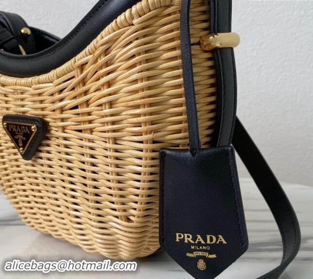 Well Crafted Prada Wicker and leather Prada Arque hobo bag 1BC202 Black 2024