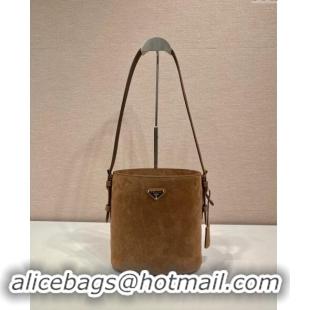 Luxury Cheap Prada Suede mini bucket bag 1BE078 Cinnamon Brown 2024