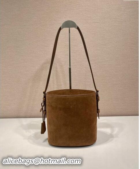 Luxury Cheap Prada Suede mini bucket bag 1BE078 Cinnamon Brown 2024