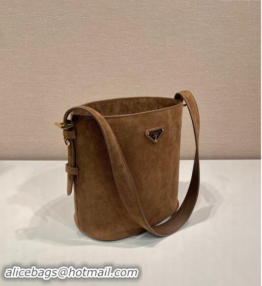 Luxury Cheap Prada Suede mini bucket bag 1BE078 Cinnamon Brown 2024