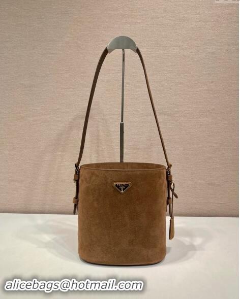 Luxury Cheap Prada Suede mini bucket bag 1BE078 Cinnamon Brown 2024