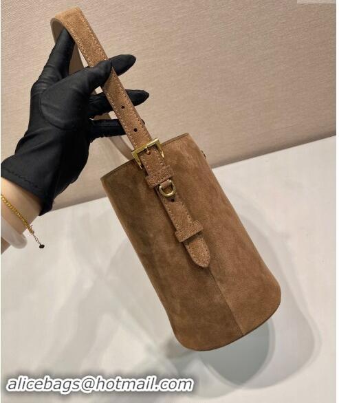 Luxury Cheap Prada Suede mini bucket bag 1BE078 Cinnamon Brown 2024