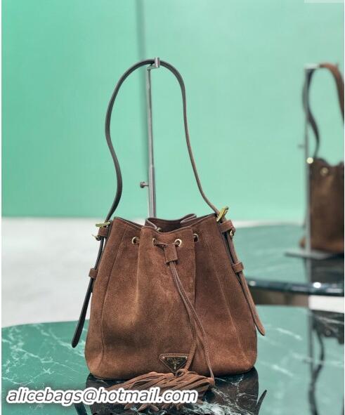 Hot Sell Cheap Prada Suede Bucket Bag 1BE079 Cocoa Brown 2024