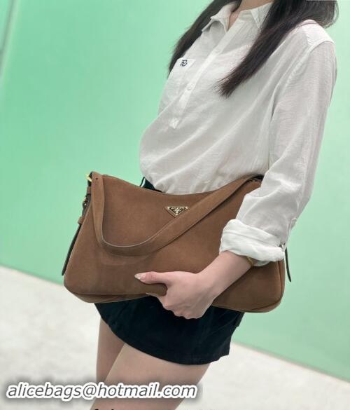 Best Price Prada Aimee Suede Hobo Bag 1BC228 Cocoa Brown 2024