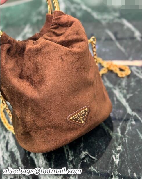 Buy Cheapest Prada Suede mini bucket bag 1BC227 Cocoa Brown 2024