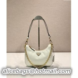 Luxury Discount Prada Re-Edition leather mini Hobo bag 1BC204 White 2024