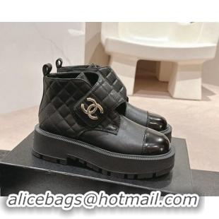 Good Product Chanel Quilted Calfskin & Patent Lace-up Platform Ankle Boots Black 909043