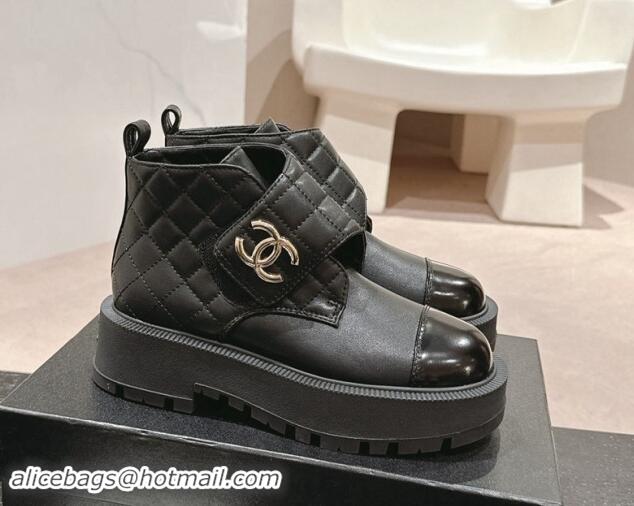 Good Product Chanel Quilted Calfskin & Patent Lace-up Platform Ankle Boots Black 909043