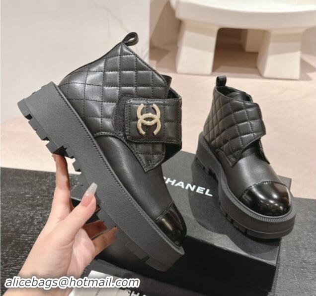 Good Product Chanel Quilted Calfskin & Patent Lace-up Platform Ankle Boots Black 909043