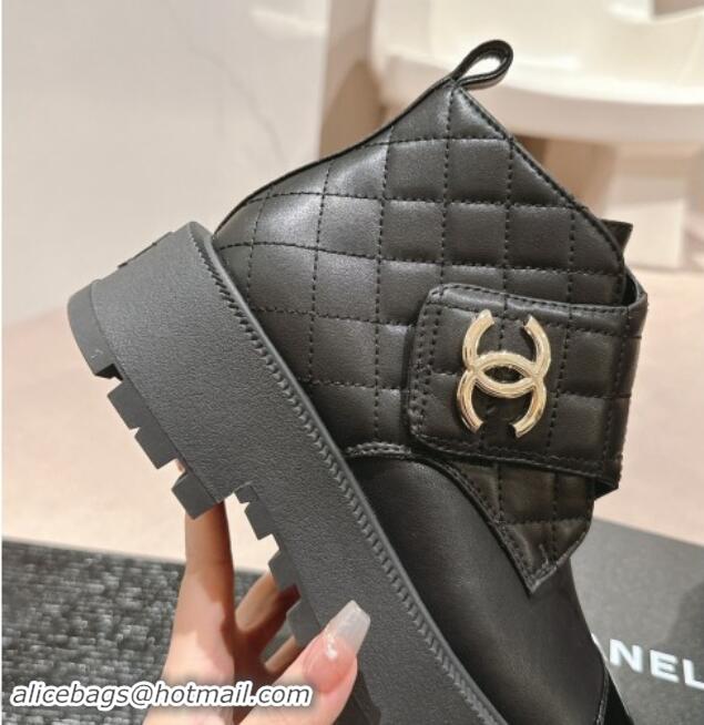 Good Product Chanel Quilted Calfskin & Patent Lace-up Platform Ankle Boots Black 909043