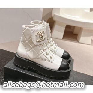 Pretty Style Chanel Quilted Calfskin Lace-up Platform Ankle Boots White 909044