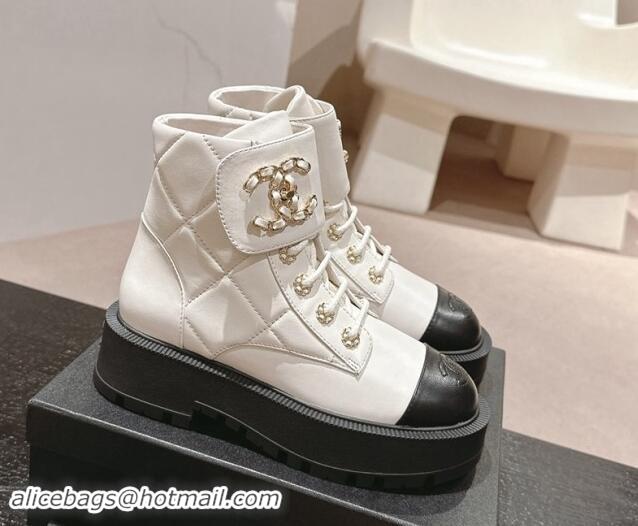 Pretty Style Chanel Quilted Calfskin Lace-up Platform Ankle Boots White 909044