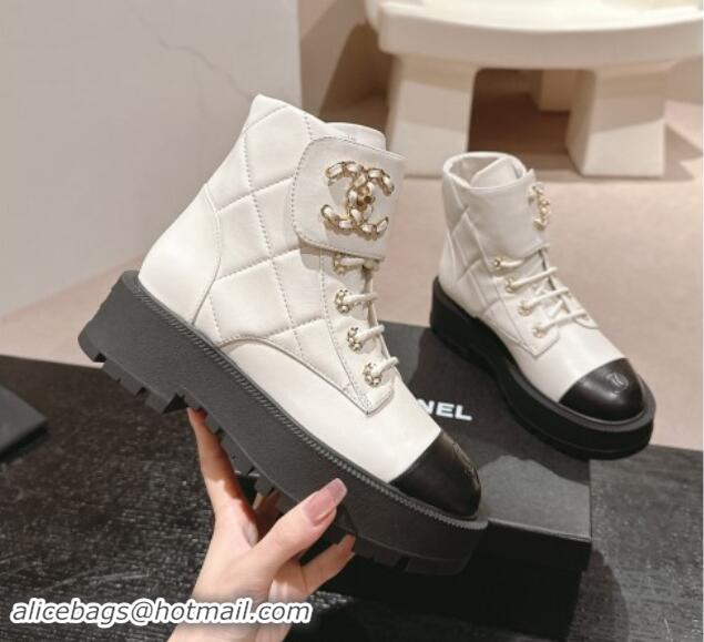 Pretty Style Chanel Quilted Calfskin Lace-up Platform Ankle Boots White 909044