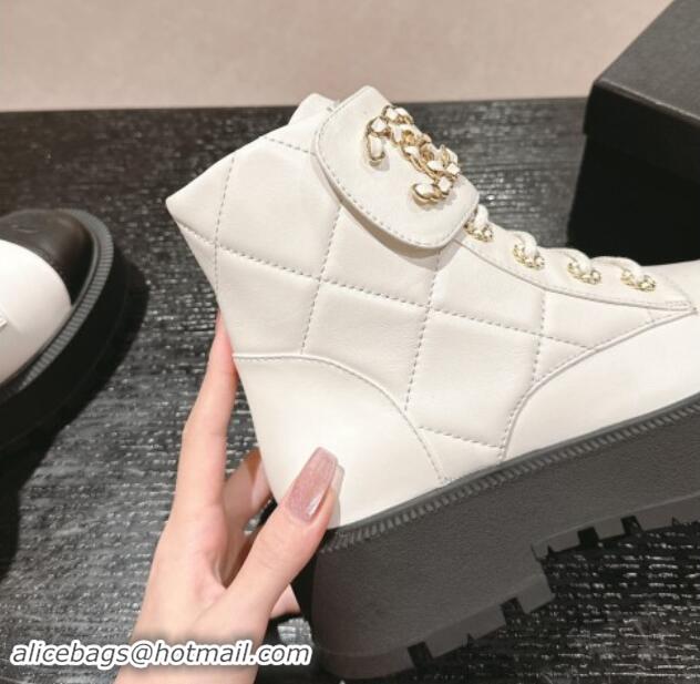 Pretty Style Chanel Quilted Calfskin Lace-up Platform Ankle Boots White 909044