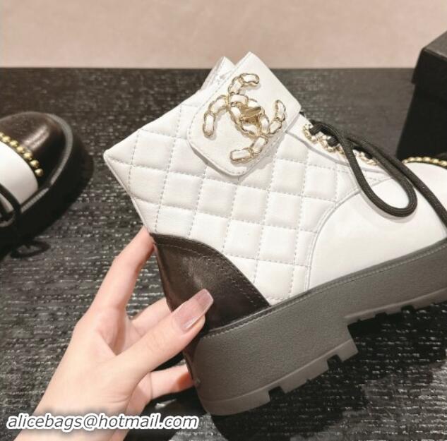 Top Grade Chanel Quilted Calfskin Lace-up Platform Ankle Boots with Studs White 909046