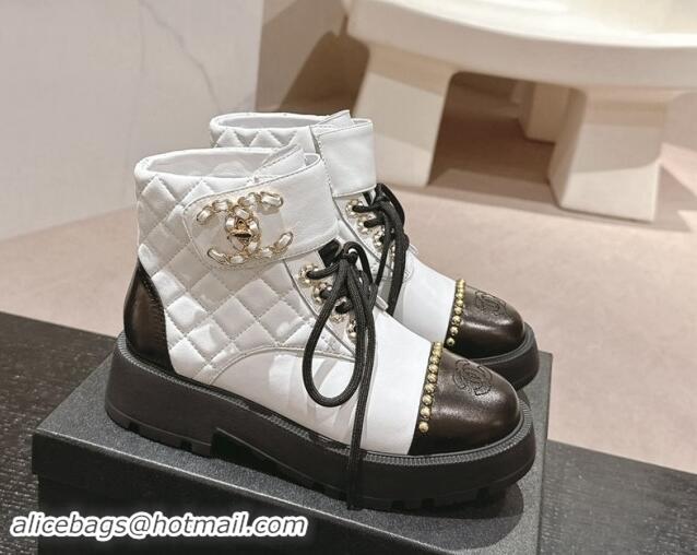 Top Grade Chanel Quilted Calfskin Lace-up Platform Ankle Boots with Studs White 909046