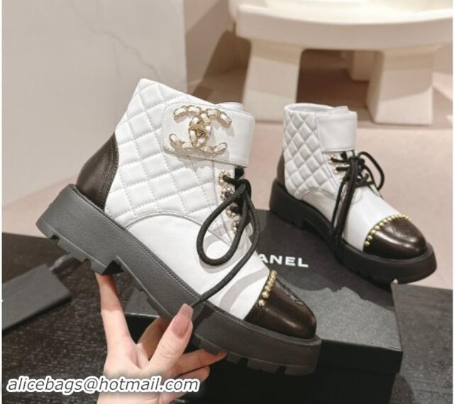 Top Grade Chanel Quilted Calfskin Lace-up Platform Ankle Boots with Studs White 909046