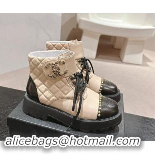 Best Grade Chanel Quilted Calfskin Lace-up Platform Ankle Boots with Studs Beige 909047