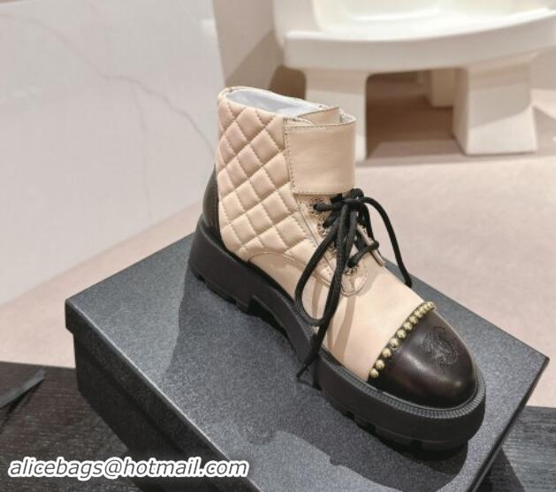 Best Grade Chanel Quilted Calfskin Lace-up Platform Ankle Boots with Studs Beige 909047