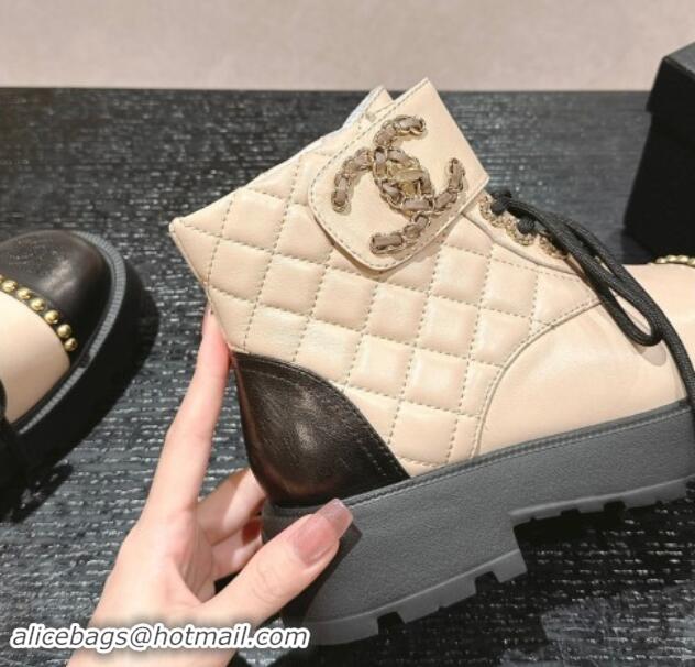 Best Grade Chanel Quilted Calfskin Lace-up Platform Ankle Boots with Studs Beige 909047