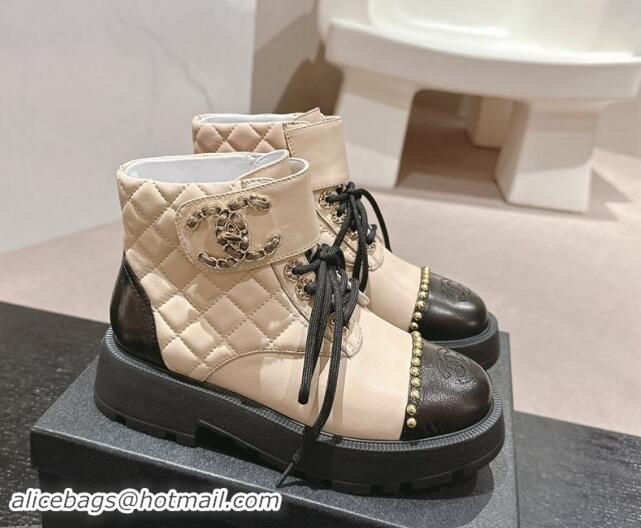 Best Grade Chanel Quilted Calfskin Lace-up Platform Ankle Boots with Studs Beige 909047