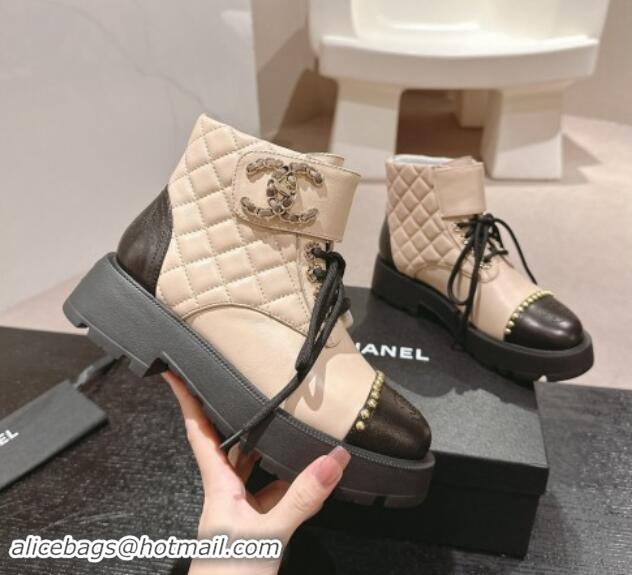 Best Grade Chanel Quilted Calfskin Lace-up Platform Ankle Boots with Studs Beige 909047