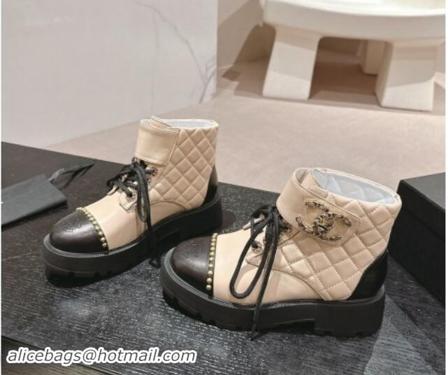 Best Grade Chanel Quilted Calfskin Lace-up Platform Ankle Boots with Studs Beige 909047