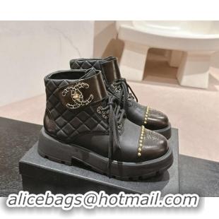 Purchase Chanel Quilted Calfskin Lace-up Platform Ankle Boots with Studs Black 909048