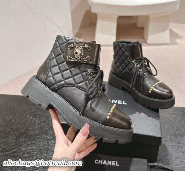 Purchase Chanel Quilted Calfskin Lace-up Platform Ankle Boots with Studs Black 909048