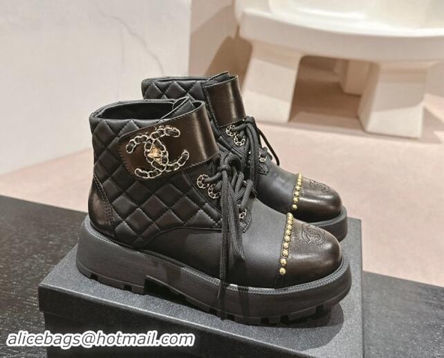 Purchase Chanel Quilted Calfskin Lace-up Platform Ankle Boots with Studs Black 909048