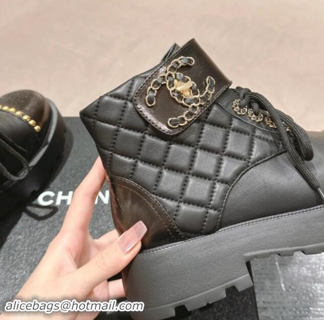 Purchase Chanel Quilted Calfskin Lace-up Platform Ankle Boots with Studs Black 909048