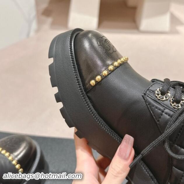 Purchase Chanel Quilted Calfskin Lace-up Platform Ankle Boots with Studs Black 909048