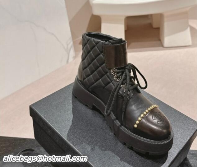 Purchase Chanel Quilted Calfskin Lace-up Platform Ankle Boots with Studs Black 909048