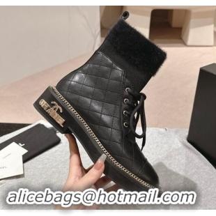 Good Quality Chanel Quilted Calfskin & Knit Lace-up Ankle Boots with Logo Stud Black Upper 909049