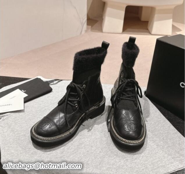 Good Quality Chanel Quilted Calfskin & Knit Lace-up Ankle Boots with Logo Stud Black Upper 909049