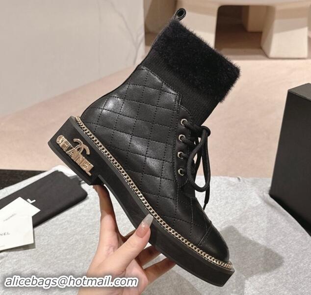 Good Quality Chanel Quilted Calfskin & Knit Lace-up Ankle Boots with Logo Stud Black Upper 909049