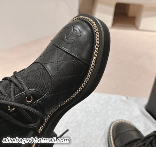 Good Quality Chanel Quilted Calfskin & Knit Lace-up Ankle Boots with Logo Stud Black Upper 909049