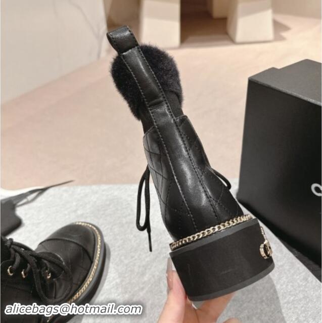 Good Quality Chanel Quilted Calfskin & Knit Lace-up Ankle Boots with Logo Stud Black Upper 909049